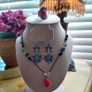 Bohemian necklace, earrings, and ring set in red and turquoise